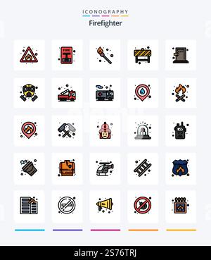 Creative Firefighter 25 Line FIlled icon pack  Such As evacuate. emergency. camping. sign. block Stock Vector