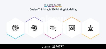 Design Thinking And D Printing Modeling 25 Line icon pack including drawing. eye. chat. sketching. visual Stock Vector