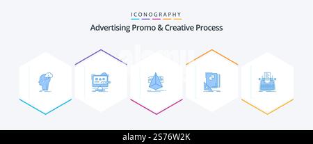 Advertising Promo And Creative Process 25 Blue icon pack including page. design. digital. tools. designer Stock Vector