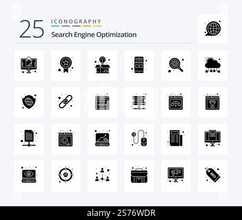 Seo 25 Solid Glyph icon pack including search. gear. idea. online store. ecommerce Stock Vector
