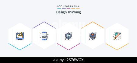 Design Thinking 25 FilledLine icon pack including shield. design. send. brain. shield Stock Vector