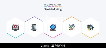 Seo Marketing 25 FilledLine icon pack including ad. advertisement. globe. optimize. marketing Stock Vector