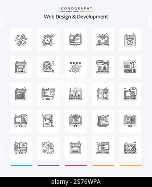 Creative Web Design And Development 25 OutLine icon pack  Such As web. design. edit. support. laptop Stock Vector
