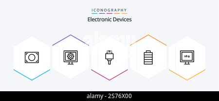 Devices 25 Line icon pack including . hd. devices. display. energy Stock Vector