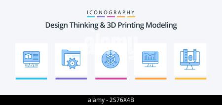 Design Thinking And D Printing Modeling Blue 5 Icon Pack Including scale. computer. scale. monitor. static. Creative Icons Design Stock Vector