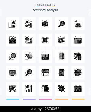 Creative Statistical Analysis 25 Glyph Solid Black icon pack  Such As analytics. finance. poster presentation. diagram. search stats Stock Vector