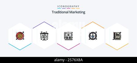 Traditional Marketing 25 FilledLine icon pack including user. customer. tactic. centricity. leaflet Stock Vector