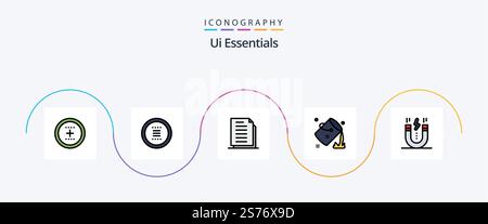 Ui Essentials Line Filled Flat 5 Icon Pack Including colour. bucket. menu. paper. documents Stock Vector
