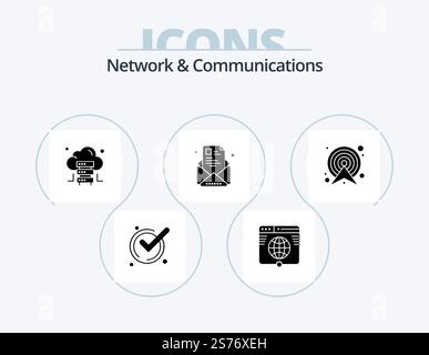 Network And Communications Glyph Icon Pack 5 Icon Design. arrow. profile. website. e-newsletter. email Stock Vector