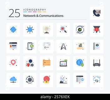 Network And Communications 25 Flat Color icon pack including good. ok. computer. search. find Stock Vector