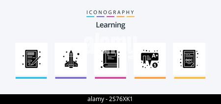 Learning Glyph 5 Icon Pack Including doc. learning. learning. kids. education. Creative Icons Design Stock Vector