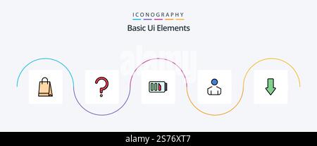 Basic Ui Elements Line Filled Flat 5 Icon Pack Including down. arrow. charge. person. male Stock Vector