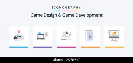 Game Design And Game Development Flat 5 Icon Pack Including developer. app. publish. role. mission. Creative Icons Design Stock Vector