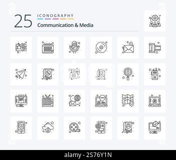 Communication And Media 25 Line icon pack including email. dvd. schedule. disk. sound recorder Stock Vector