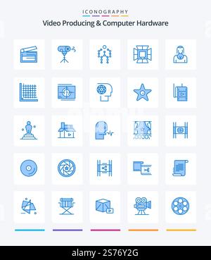 Creative Video Producing And Computer Hardware 25 Blue icon pack  Such As professional. light. special. illumination. human Stock Vector