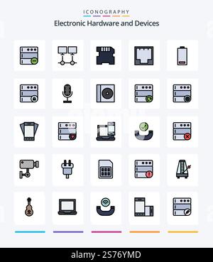 Creative Devices 25 Line FIlled icon pack  Such As electric. port. card. network. ethernet Stock Vector