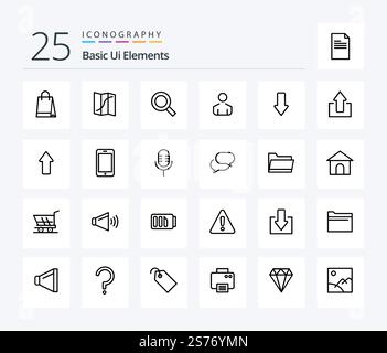 Basic Ui Elements 25 Line icon pack including down. arrow. magnifier. person. male Stock Vector