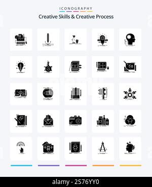 Creative Creative Skills And Creative Process 25 Glyph Solid Black icon pack  Such As bulb. deveopment. graphic. flash. coffee Stock Vector