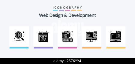 Web Design And Development Glyph 5 Icon Pack Including device. web. coding. responsive. file. Creative Icons Design Stock Vector