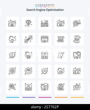 Creative Seo 25 OutLine icon pack  Such As focus. goal. firewall. arrow. gear Stock Vector