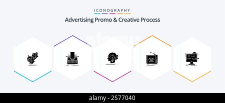 Advertising Promo And Creative Process 25 Glyph icon pack including marketing. ad. typewriter. thinking. head Stock Vector