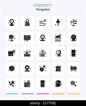 Creative Navigation 25 Glyph Solid Black icon pack  Such As world. street. route. directions. pin Stock Vector