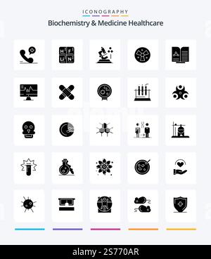 Creative Biochemistry And Medicine Healthcare 25 Glyph Solid Black icon pack  Such As test. fan. microscope. medical. radiation Stock Vector