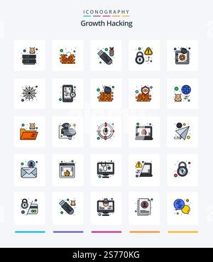Creative Hacking 25 Line FIlled icon pack  Such As virus. unlock. wall. secured. ddos Stock Vector