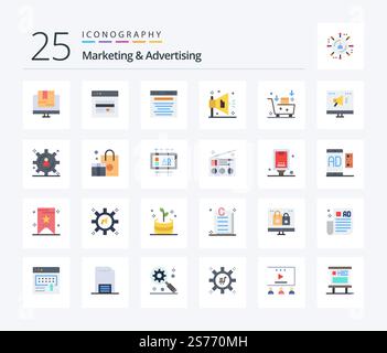 Marketing And Advertising 25 Flat Color icon pack including email advertising. advertising. marketing. ad. marketing Stock Vector