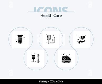 Health Care Glyph Icon Pack 5 Icon Design. hands. machine. blood. pressure. blood Stock Vector