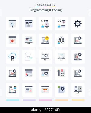 Creative Programming And Coding 25 Flat icon pack  Such As bug. app. development. process. develop Stock Vector
