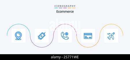 Ecommerce Blue 5 Icon Pack Including plane. ecommerce. ecommerce. payments. credit card Stock Vector