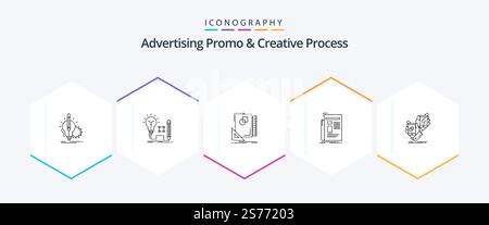 Advertising Promo And Creative Process 25 Line icon pack including media. sketching. lamp. sketch. layout Stock Vector