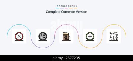 Complete Common Version Line Filled Flat 5 Icon Pack Including create. add. shirt. glass. beverage Stock Vector