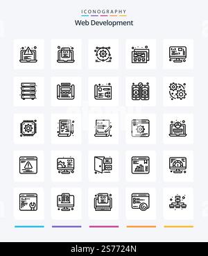 Creative Web Development 25 OutLine icon pack  Such As web. development. web. data. mockup design Stock Vector