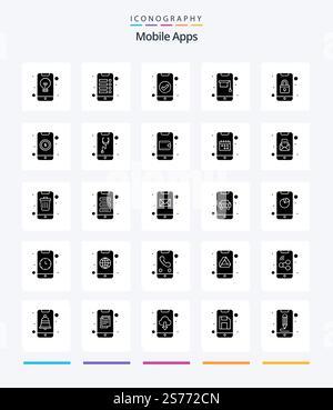 Creative Mobile Apps 25 Glyph Solid Black icon pack  Such As training app. online. interaction. learning. ui Stock Vector