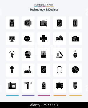 Creative Devices 25 Glyph Solid Black icon pack  Such As computer. cell. fm. mobile. woofer Stock Vector