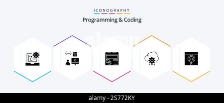 Programming And Coding 25 Glyph icon pack including develop. cloud. development. webpage. development Stock Vector
