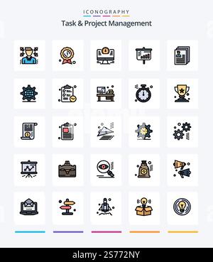 Creative Task And Project Management 25 Line FIlled icon pack  Such As files. document. monitor. account. projector Stock Vector