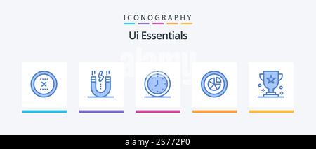 Ui Essentials Blue 5 Icon Pack Including diagram. analytics. magnet. timer. clock. Creative Icons Design Stock Vector