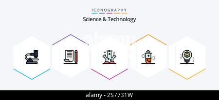 Science And Technology 25 FilledLine icon pack including radioactivity. nuclear radiation. notepad. technology. molecule Stock Vector