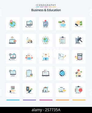 Creative Business And Education 25 Flat icon pack  Such As call. faq. laptop. health. product Stock Vector