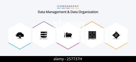 Data Management And Data Organization 25 Glyph icon pack including network. data. database. service. repair Stock Vector