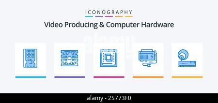 Video Producing And Computer Hardware Blue 5 Icon Pack Including power. battery. dimm. apc. hardware. Creative Icons Design Stock Vector