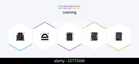 Learning 25 Glyph icon pack including doc extension. learning. study. knowledge. books Stock Vector