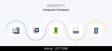 Computer Hardware Flat 5 Icon Pack Including hardware. computer. hardware. wifi. modem Stock Vector
