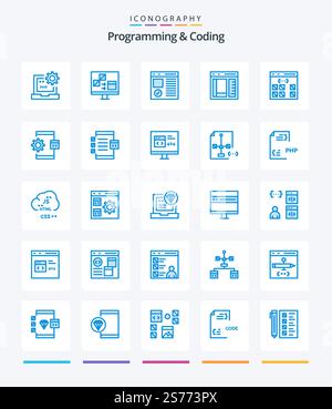Creative Programming And Coding 25 Blue icon pack  Such As develop. app. develop. page. develop Stock Vector
