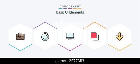 Basic Ui Elements 25 FilledLine icon pack including arrow. quadruple. watch. media. hardware Stock Vector
