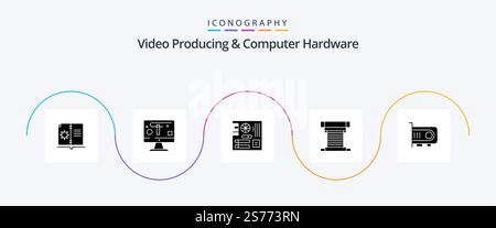 Video Producing And Computer Hardware Glyph 5 Icon Pack Including fan. cooling. board. cooler. mother Stock Vector