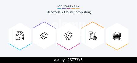 Network And Cloud Computing 25 Line icon pack including technology. electronic. gear. device. computer Stock Vector